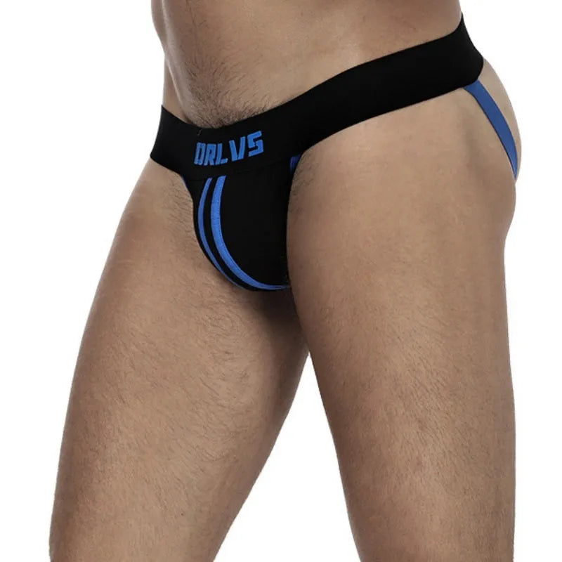 Men's cotton low waist thong in solid colour with double belt back design, front view