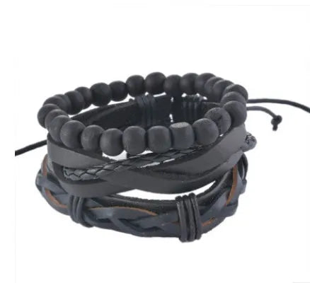 Adjustable leather punk wrap bracelet with wooden beads and multilayer design