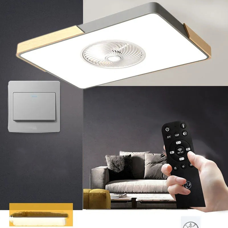 Nordic ceiling fan light with solid wood frame shown in rectangular, round, and square shape options.