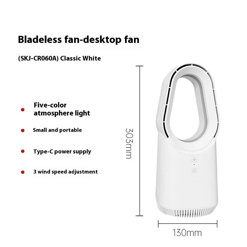 White SK bladeless tower fan with remote control on a desk