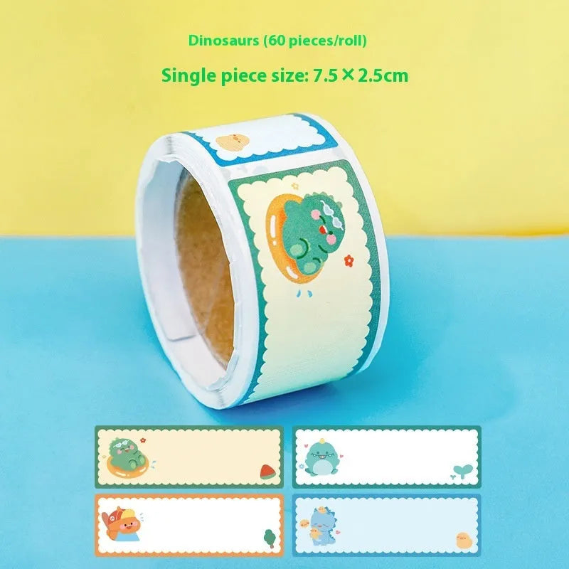 Cartoon tape name labels roll with dinosaur astronaut rabbit girl designs for student organisation