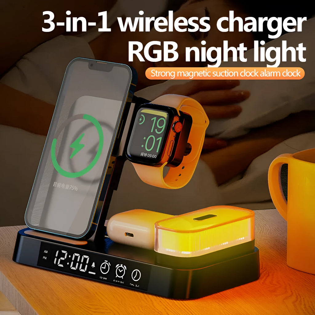 Foldable 4-in-1 wireless charging station with alarm clock display and RGB night light