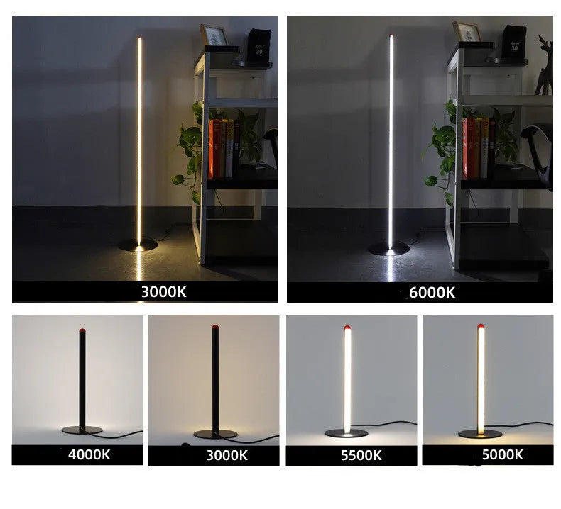 Simple modern vertical aluminium alloy floor lamp in silver, shown beside a sofa.