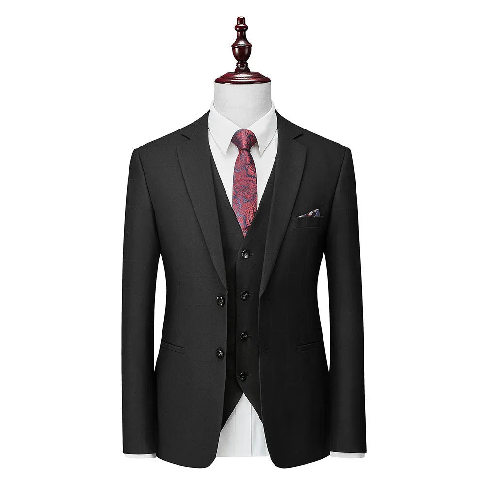 Men's navy blue plaid three-piece slim fit business casual suit with jacket, vest, and trousers