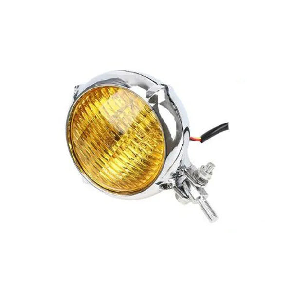 Black electroplated retro halogen headlight with 8cm diameter glass on a cast aluminium housing.