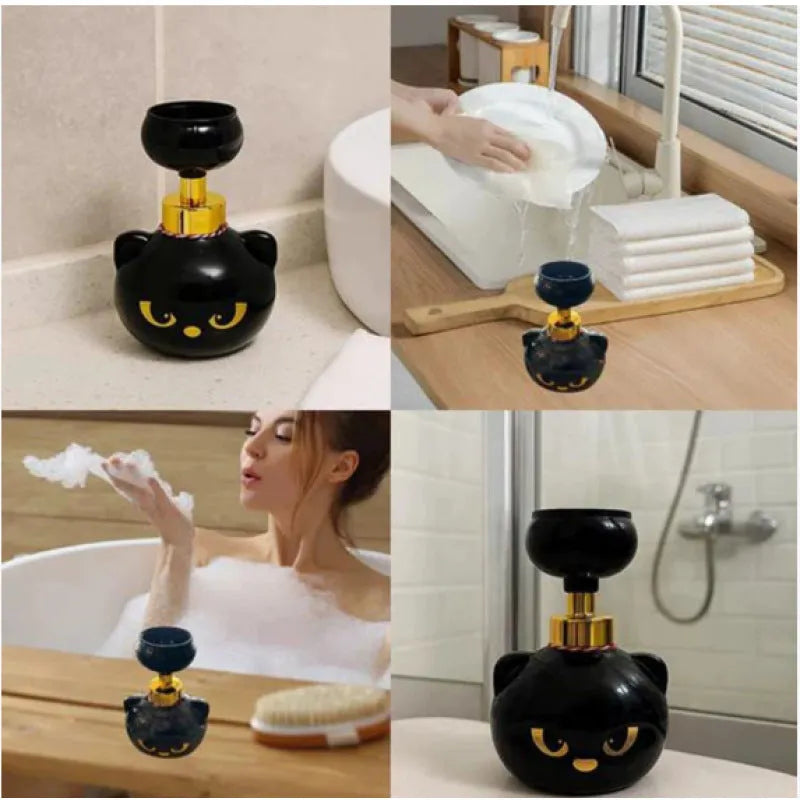 Black plastic cartoon cat-shaped foam soap dispenser measuring 10x10x18cm