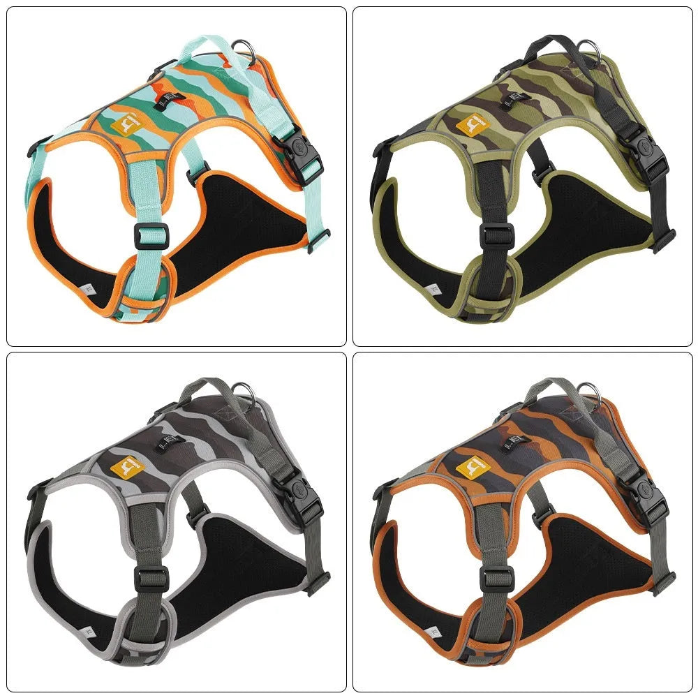 Orange reflective dog harness and lead with a chest and back design for secure walking control.