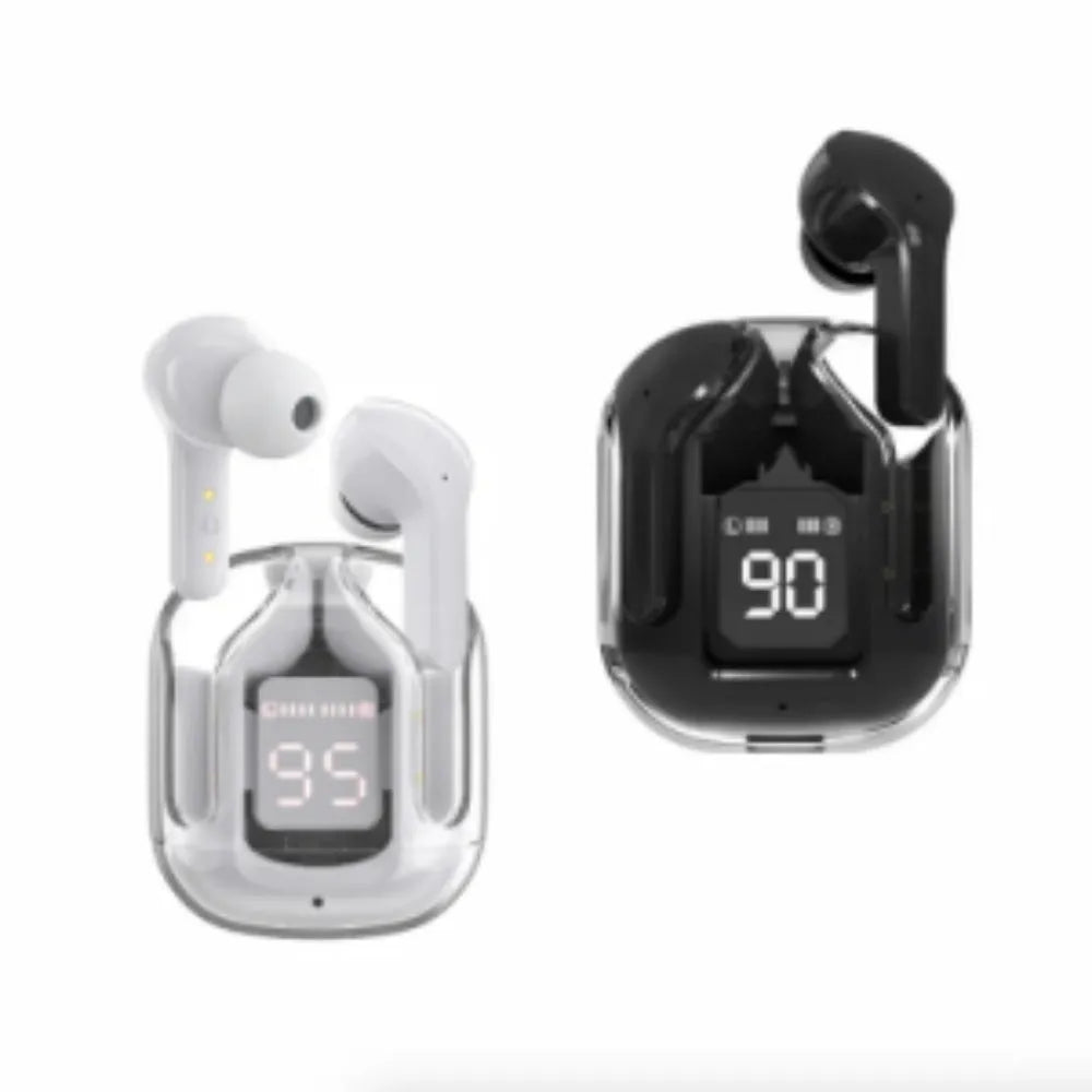 Transparent case true wireless Bluetooth earphones showing digital display with black, white, blue, green, and peach colour options