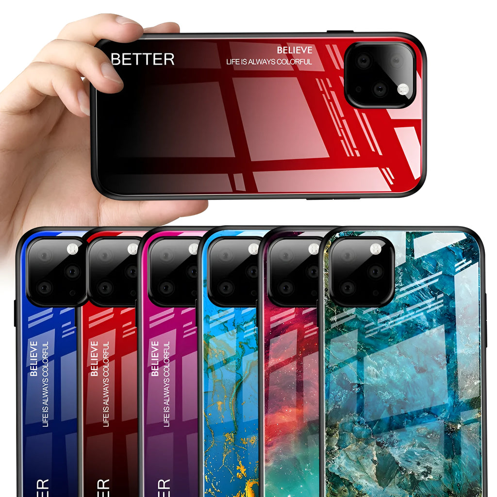Gradient glass phone case in black and blue for iPhone XS Max showing slim 1.5mm profile and TPU bumper