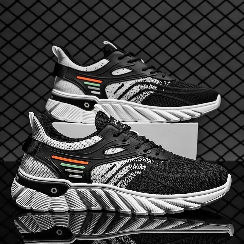 Men's black and white-blue platform casual running shoes with cross shoulder straps and rubber sole