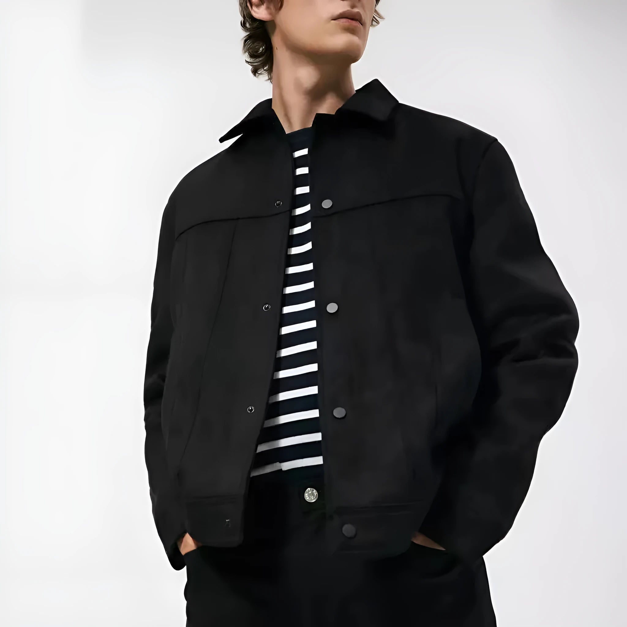 Black men's hooded jacket with suede collar, cotton blend fabric, and side seam pockets