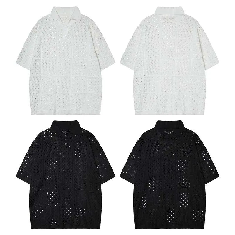 Men's loose-fitting black hollow knit short-sleeved polo shirt on a hanger, casual style.