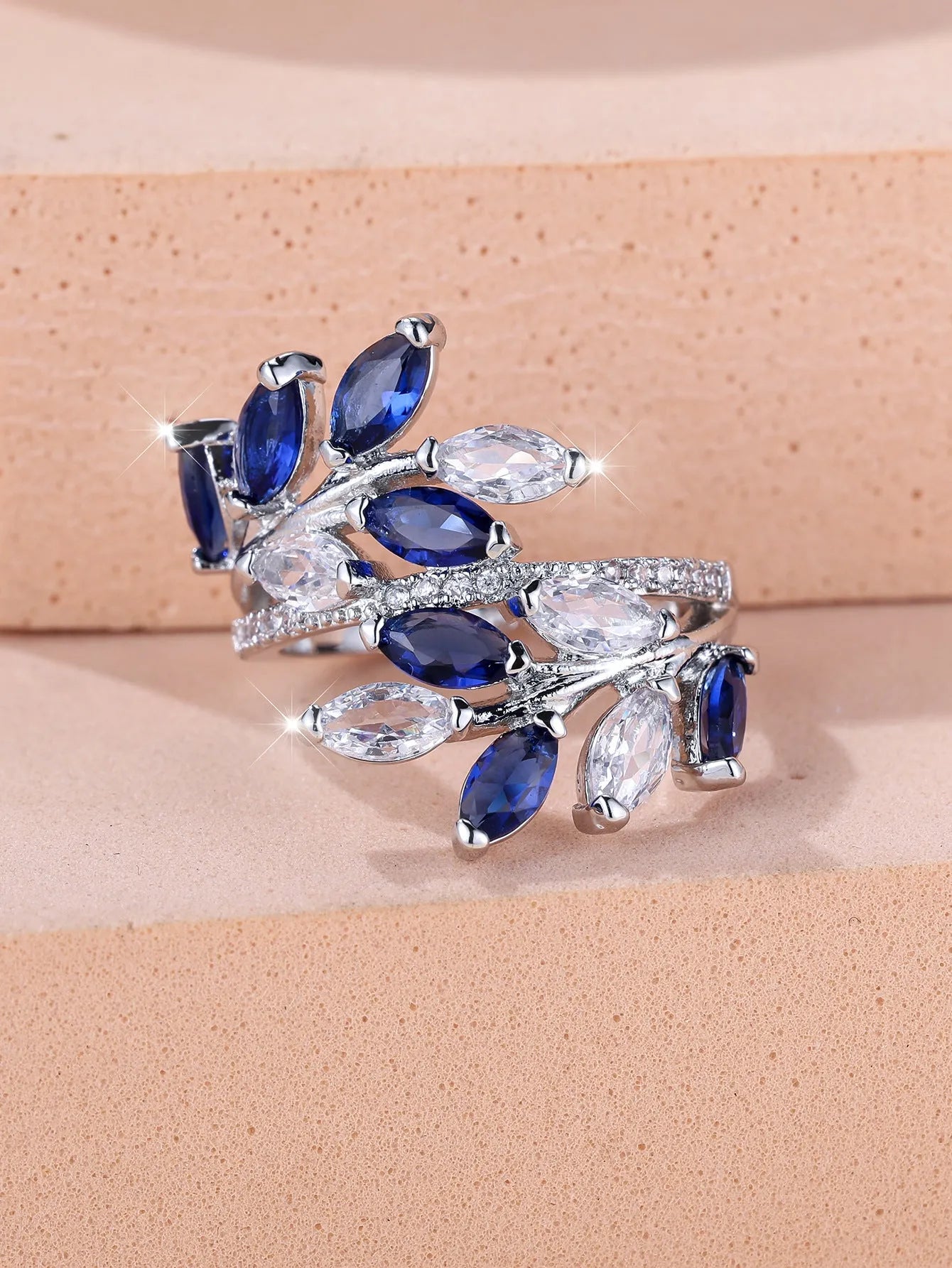 Adjustable copper leaf ring with zircon finishes in multiple colour options