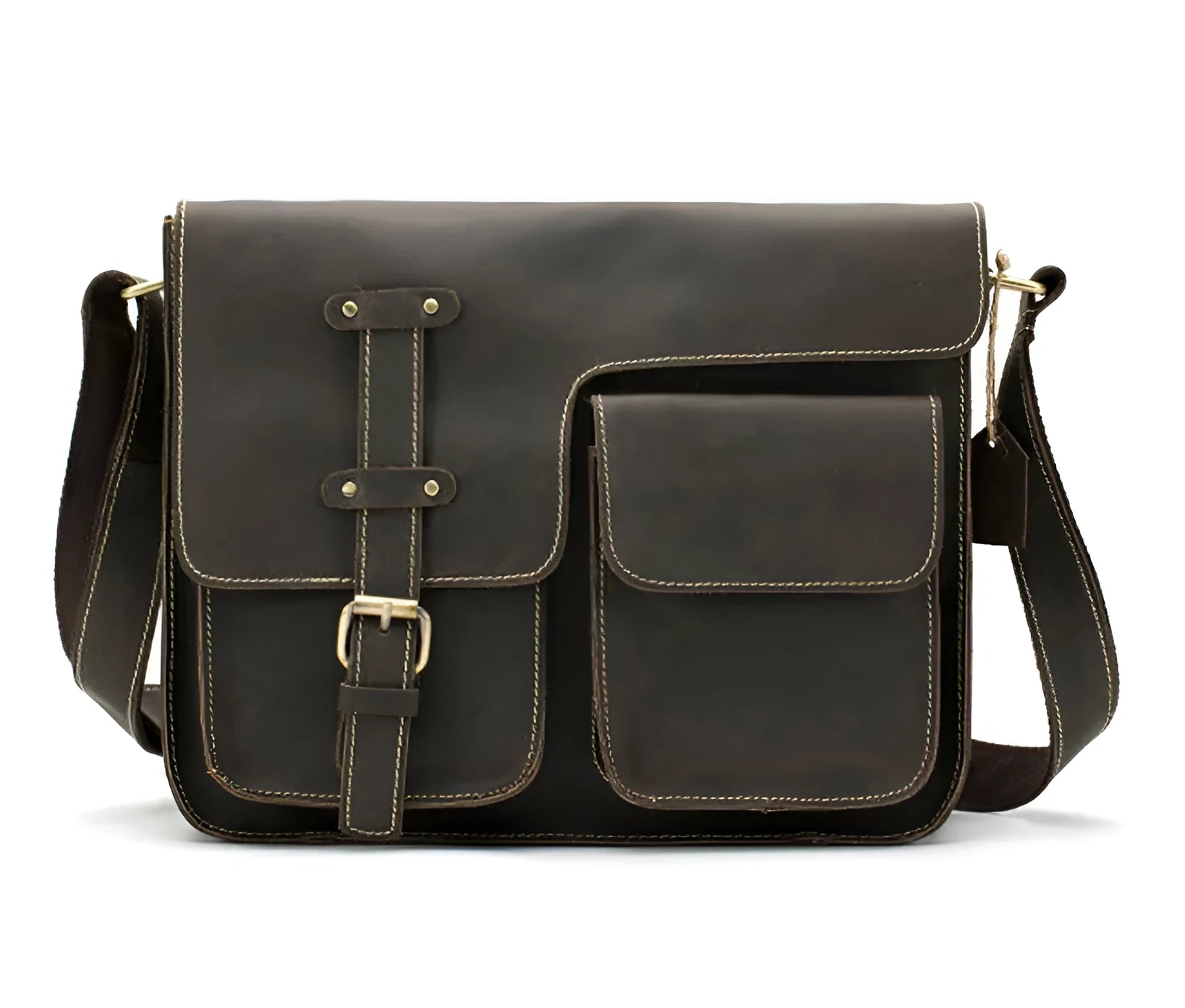 Brown leather vintage messenger bag with crossbody strap open showing laptop compartment