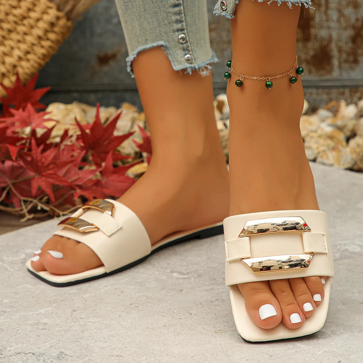 Women's open toe slippers with metal buckle, PU upper, rubber sole, available in multiple colours and sizes 35-43
