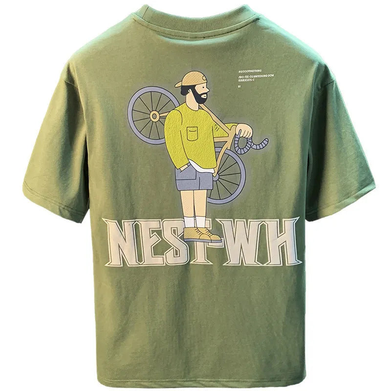 Green men's loose fit T-shirt with printed design and short sleeves for sports wear