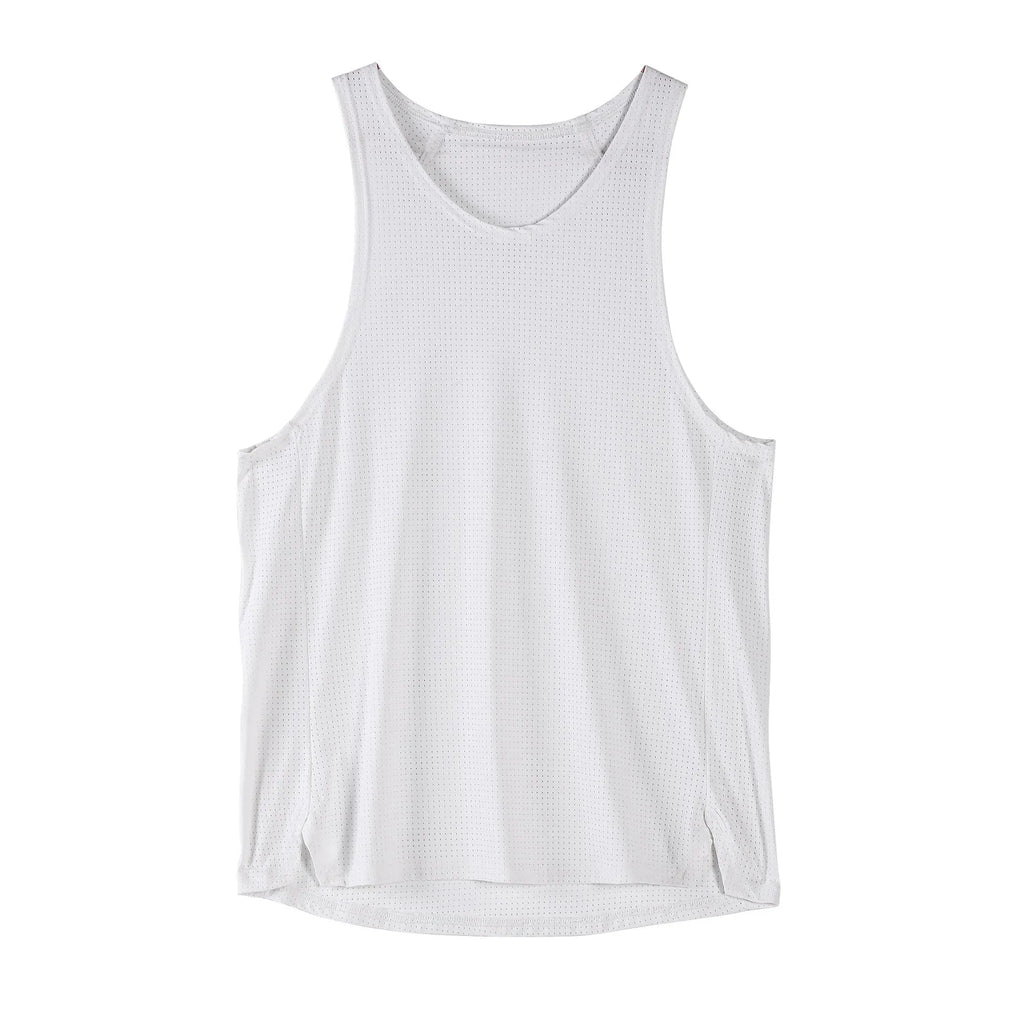Man wearing a black sleeveless nylon stretch vest for sports and casual wear.