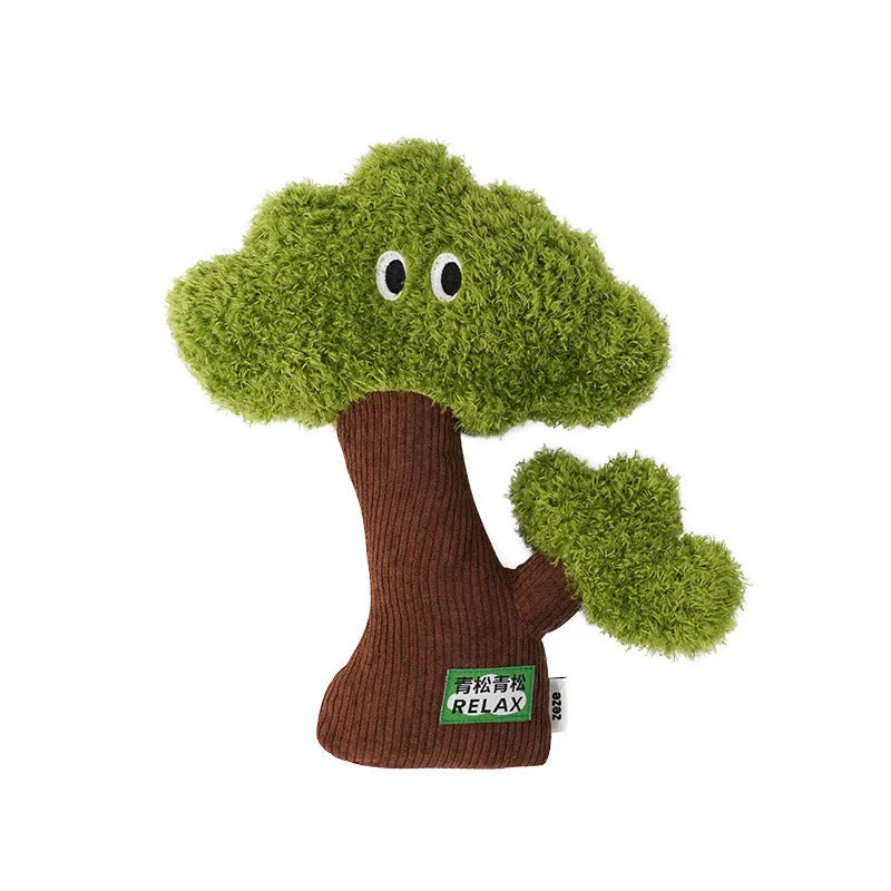 Pine tree shaped cat toy stick with catnip bag pendant, shown in large, medium, and small sizes.
