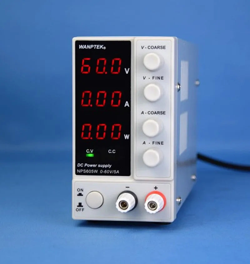 White NPS605W adjustable bench power supply with digital display for electronics testing and repair.