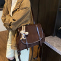 Women's large capacity retro suede briefcase in brown with pendant, PU leather, medium-soft finish
