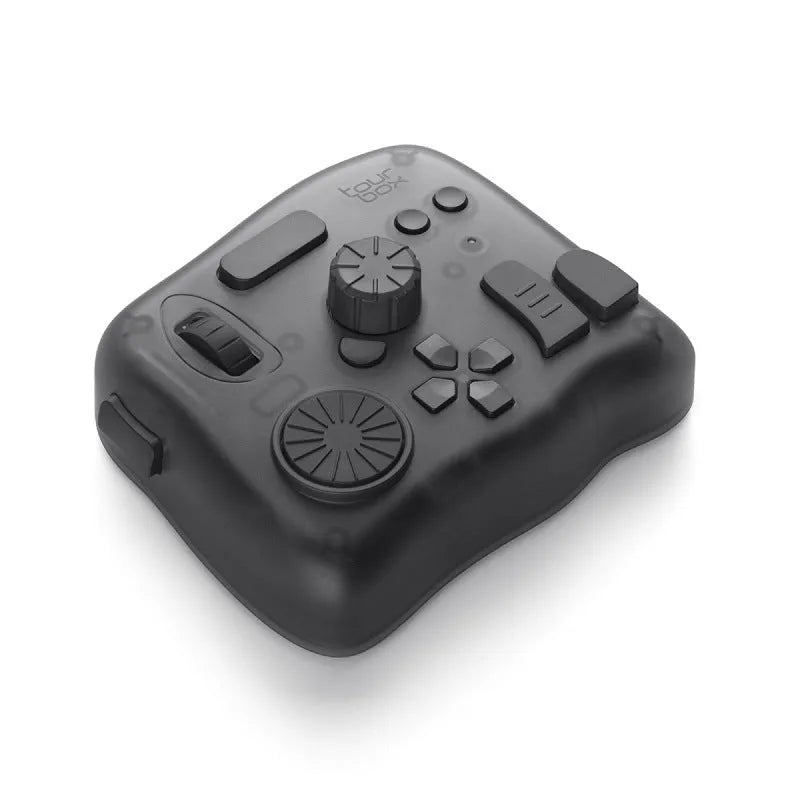 TourBox NEO auxiliary keyboard controller for digital video editing with black plastic housing