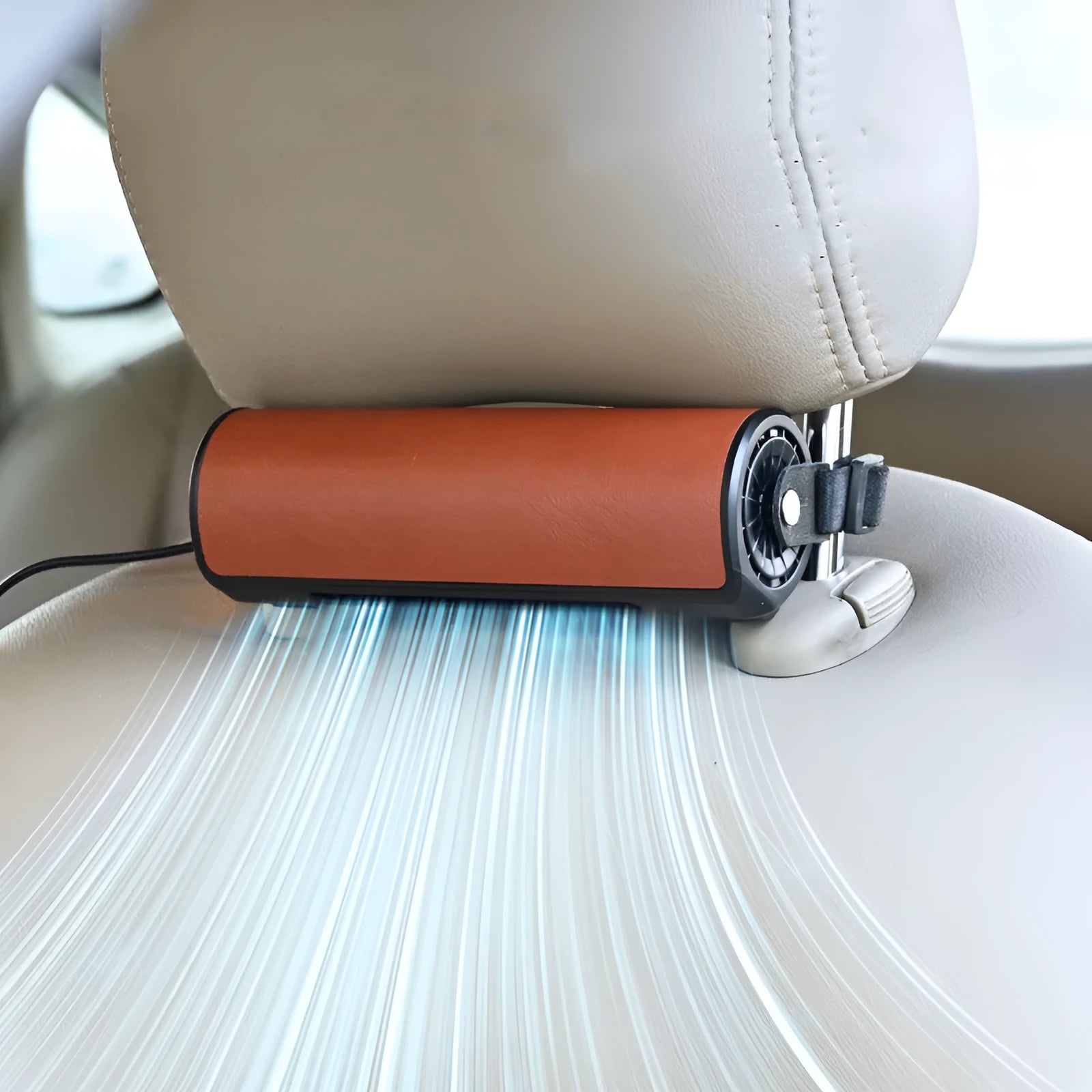 USB-powered car rear seat fan unit with long black cable, shown in black colour option.