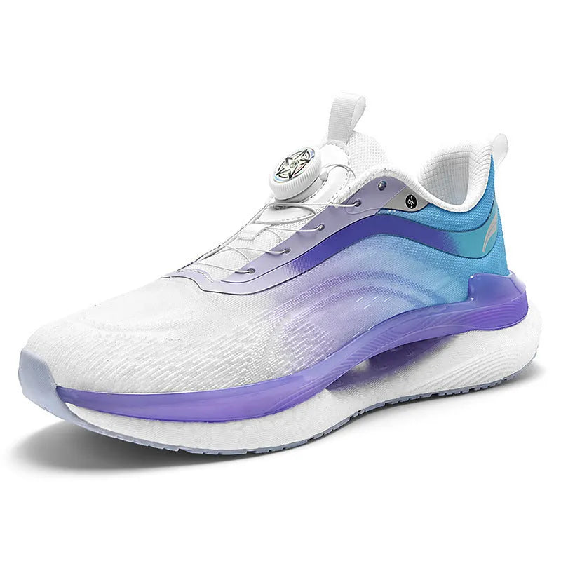 Men's high top breathable mesh running shoes in cotton candy colour with buckle closure and composite sole.