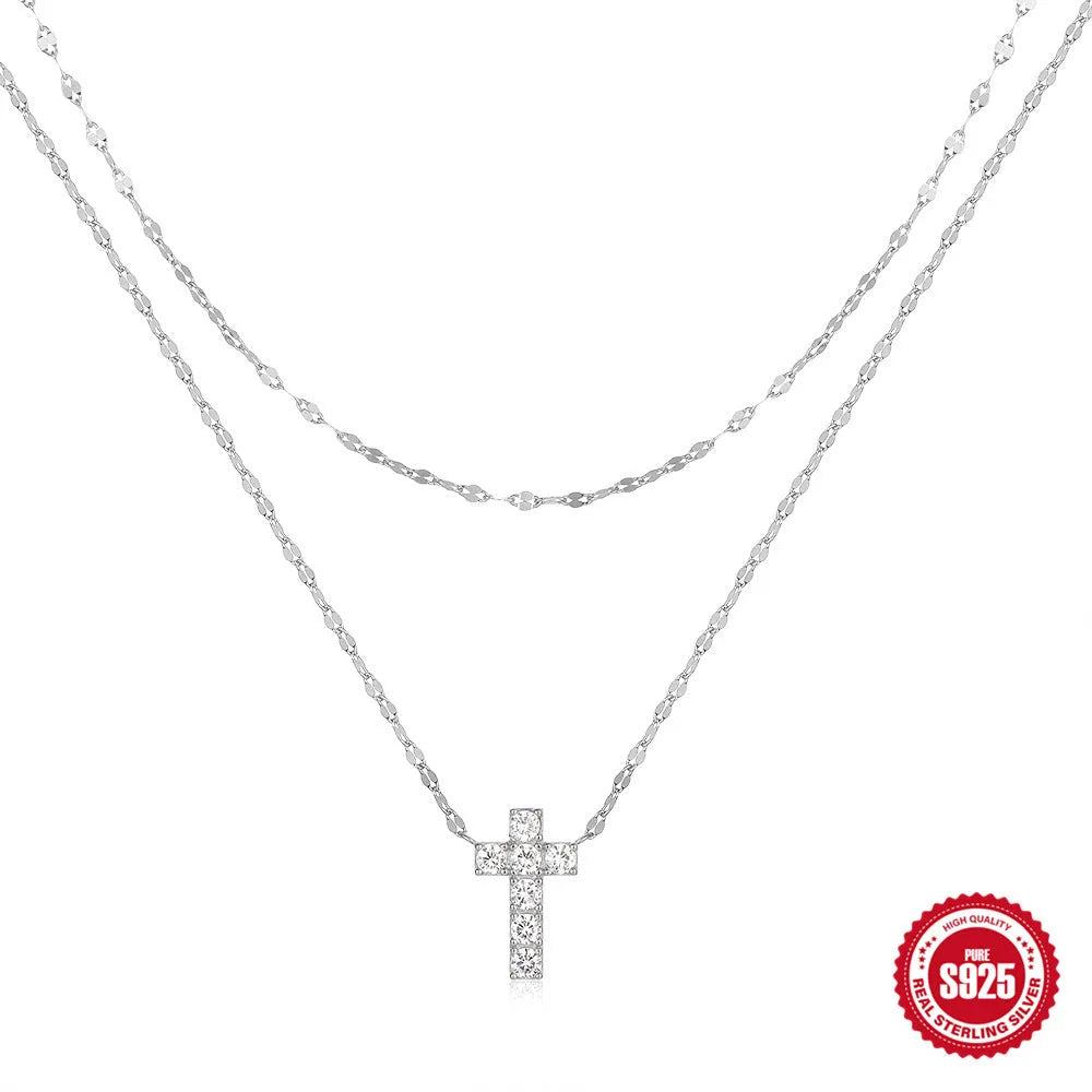 S925 sterling silver double layer twin diamond cross pendant necklace with clavicle chain in gold colour finish