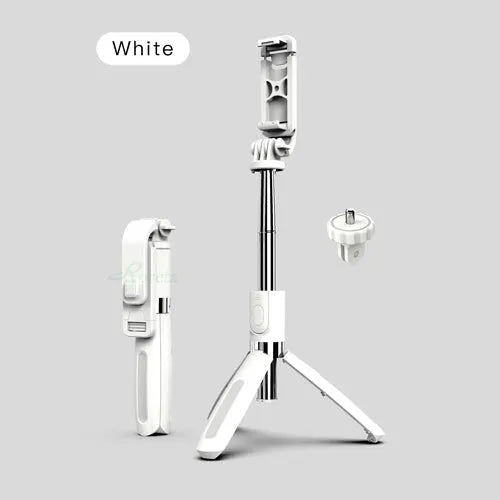Extended black Bluetooth selfie stick with tripod legs deployed and smartphone attached.