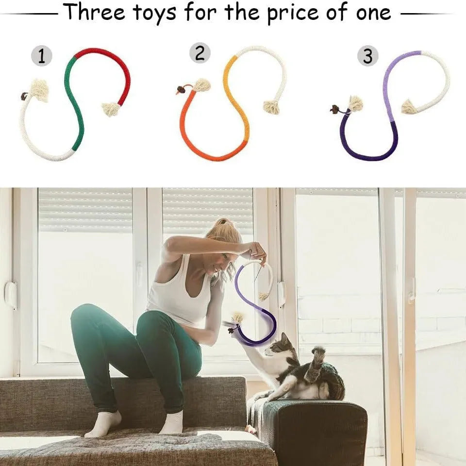 70cm long cotton cat chew rope toy in purple, orange or red with green colours