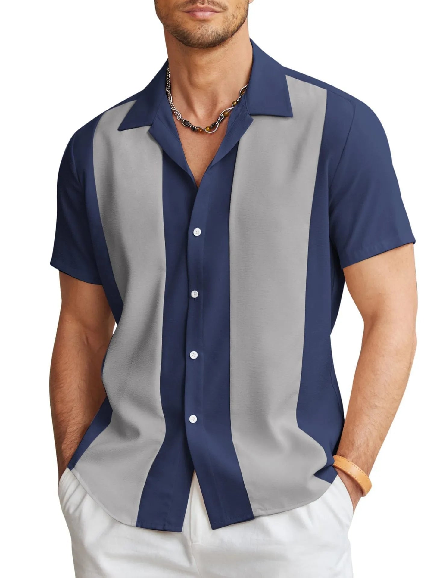 Men's slim fit Hawaiian shirt with short sleeves and digital printed pattern in cardigan style