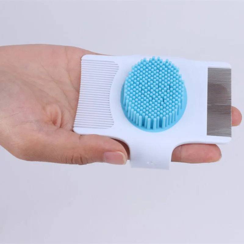Blue pet grooming comb with floating hair removal feature for dogs and cats