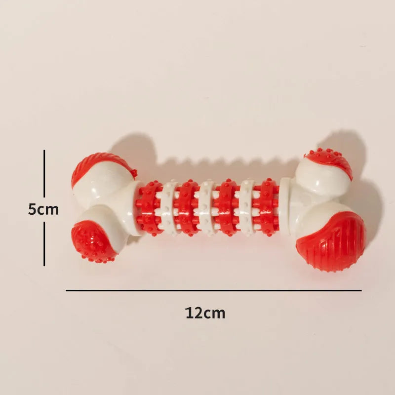 Blue bone-shaped interactive dog toy for small breeds with chewable ends and central treat holder