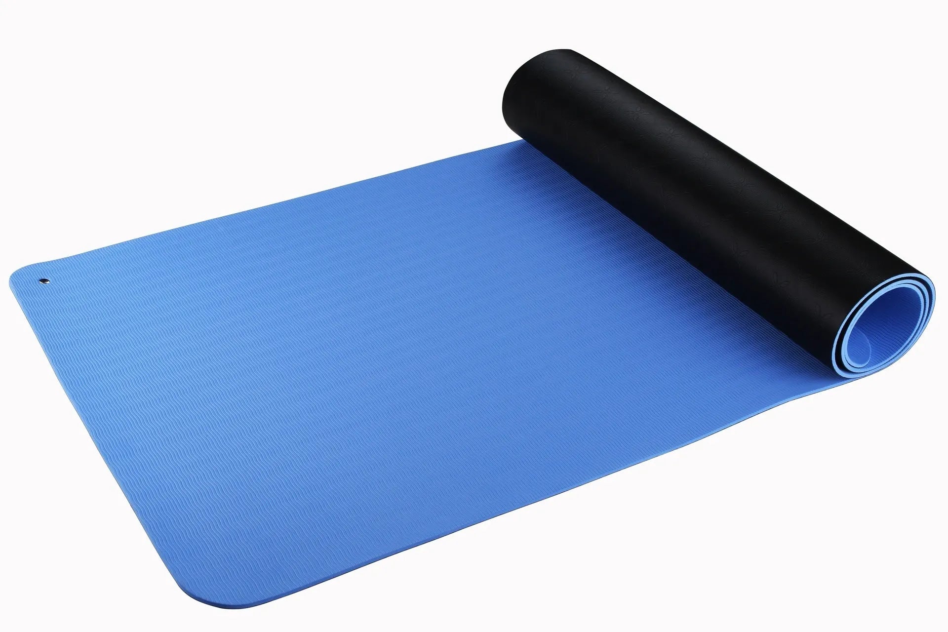 Blue conductive yoga mat with floral pattern, grounding wire, and non-slip PU leather surface