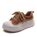 Women's yellow lace-up casual leather shoes with round toe and rubber sole on a neutral background.
