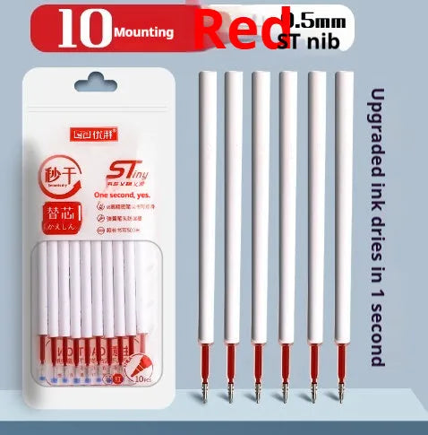 Pack of ten quick-drying pen refill cartridges in black, blue, red, and ink blue colours