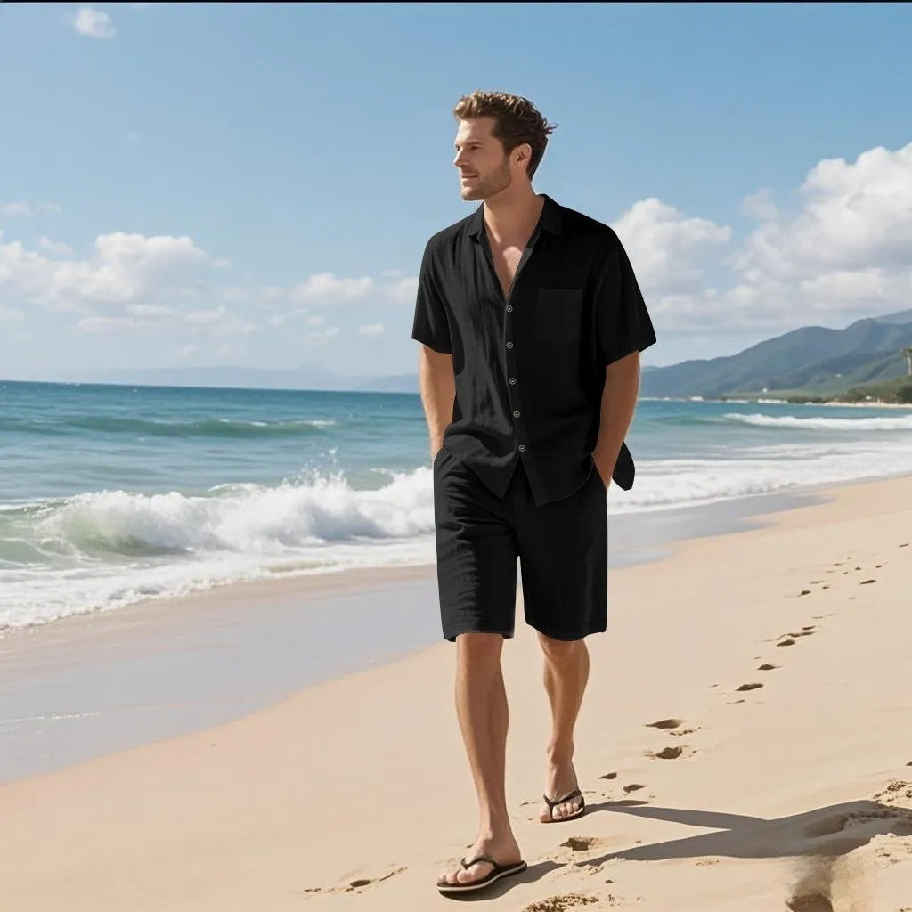Men's linen blend short sleeve shirt and shorts set in light blue colour