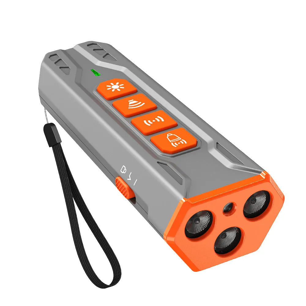 Three head ultrasonic dog trainer in black and orange colour with adjustable frequency controls