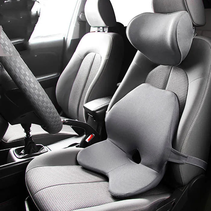 Memory cotton car waist pad and headrest set in neutral colours on car seat