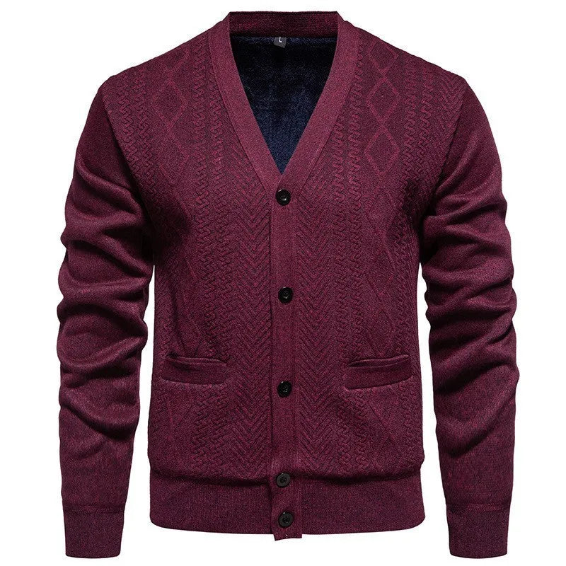Men's striped cardigan sweater with wool lining in brown, available in plus sizes.