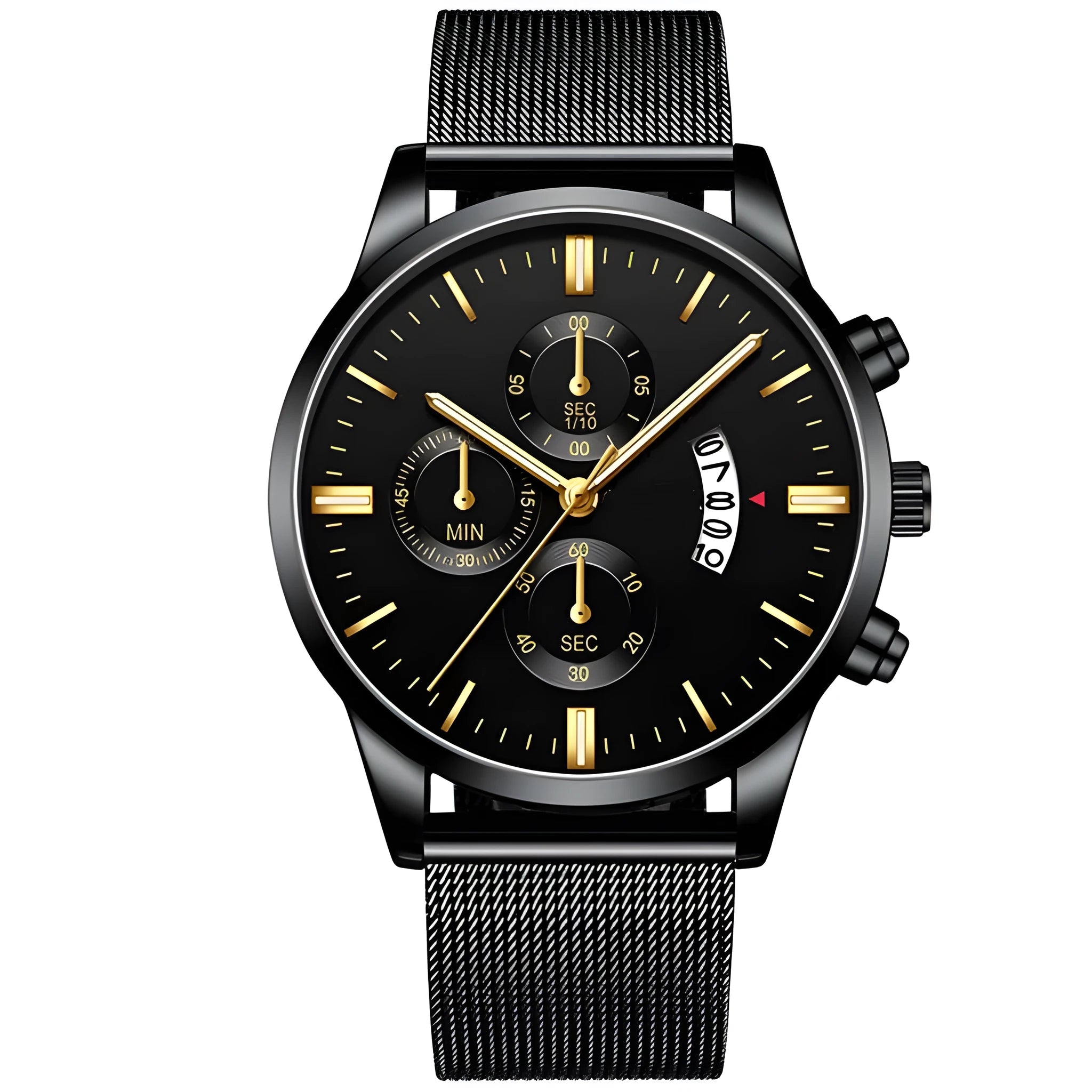 Men's stainless steel quartz watch with mesh band and two-tone case on wrist