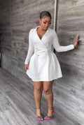 White lapel long sleeve pencil suit dress with button detail on display
