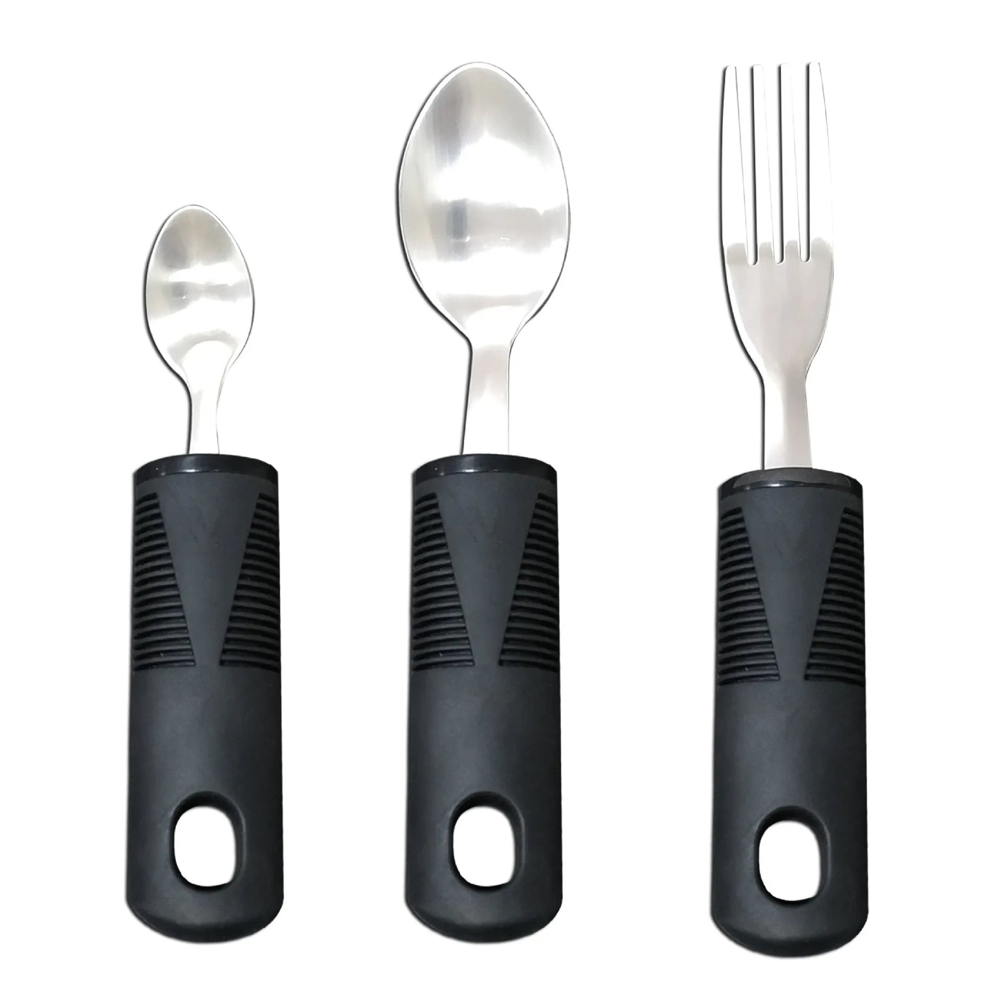 Stainless steel adaptive tableware with rubber handles in black and grey curved and straight designs