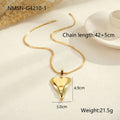 Double heart geometric pendant necklace with snake bones chain in stainless steel, shown in gold and steel colour options.