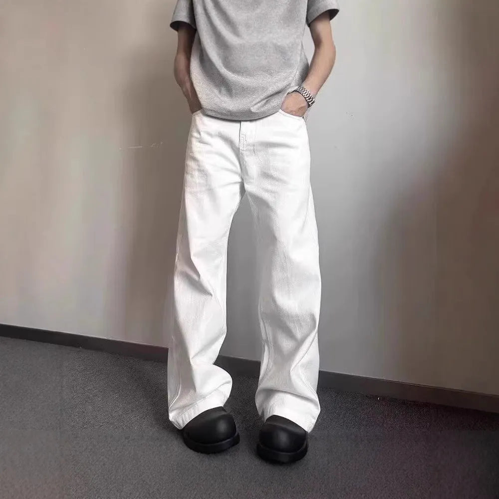 Men's white straight leg wide jeans with American high street styling