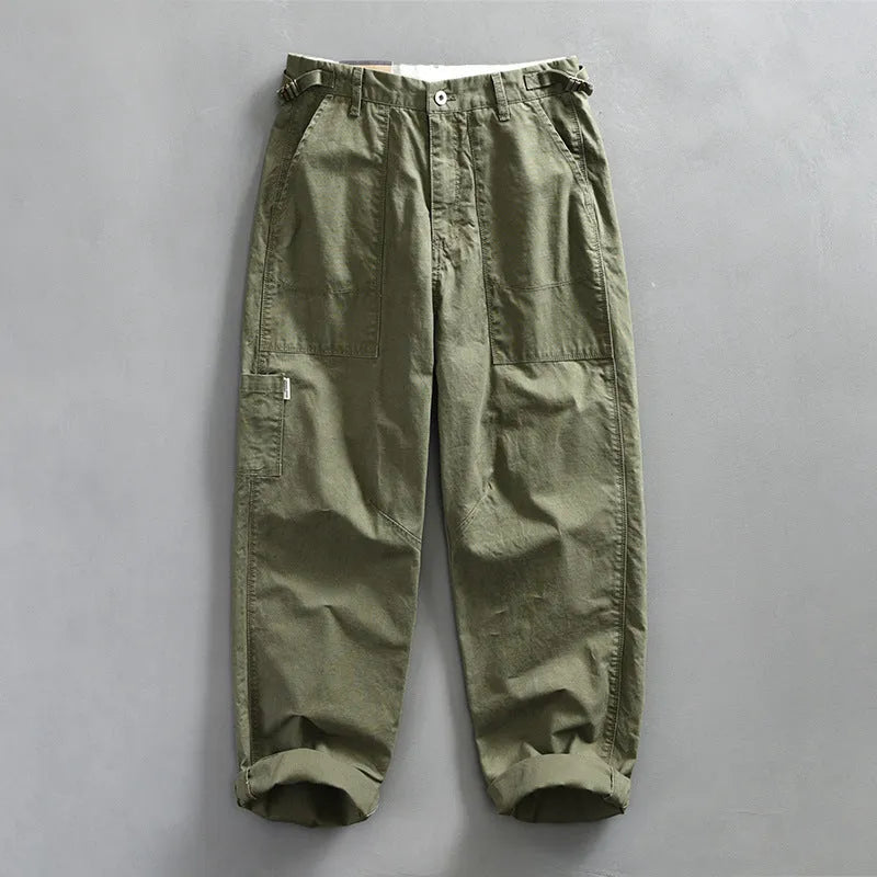 Young men's cotton straight-leg workwear casual trousers in apricot, brown, and army green, sizes 29 to 38