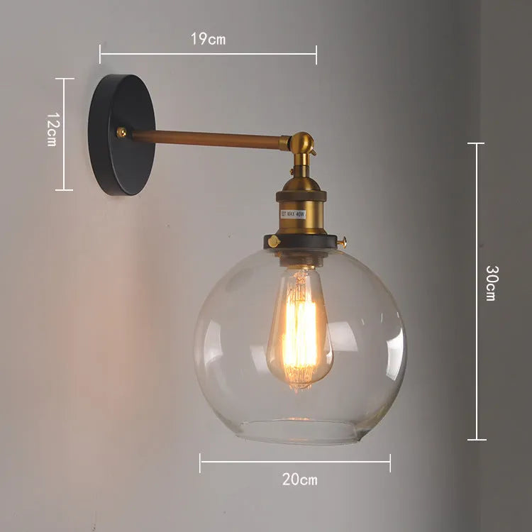 Retro round ball glass wall lamp with aluminium holder in 20cm size