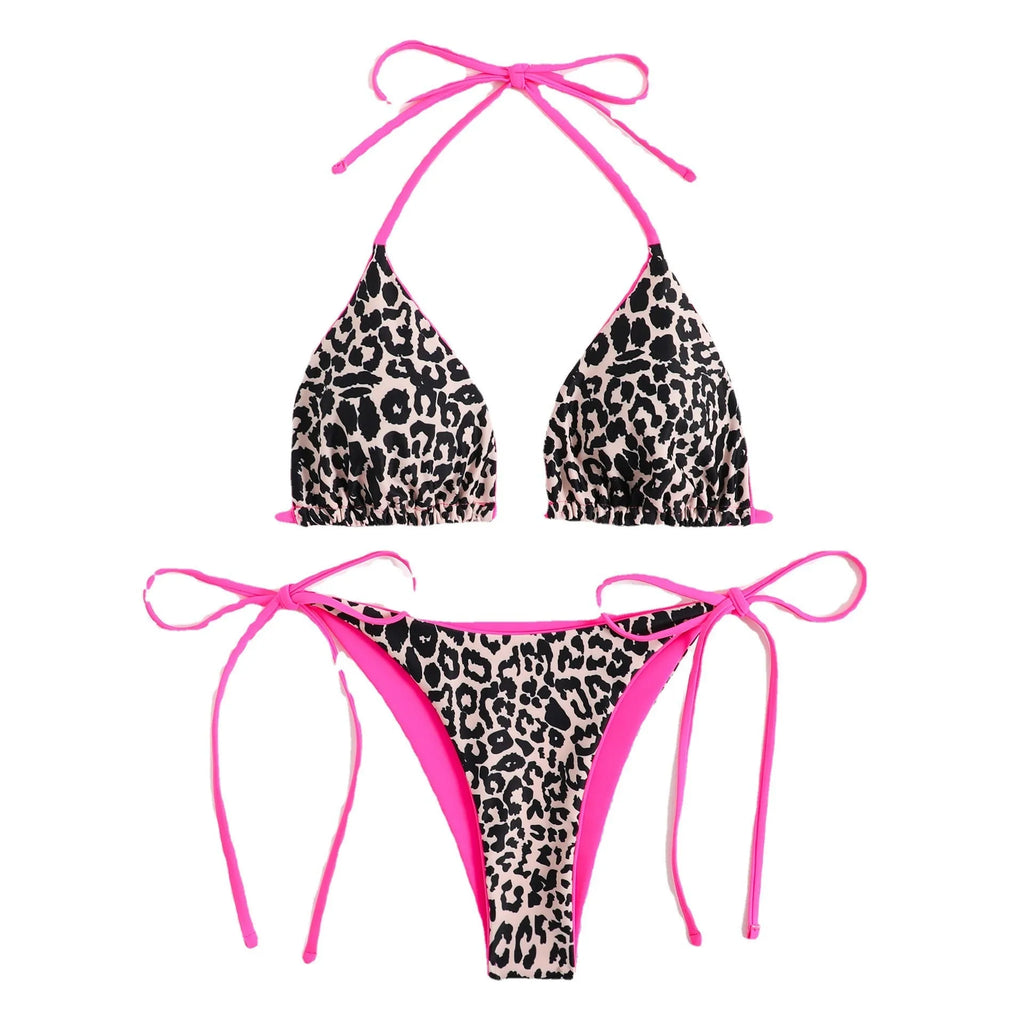 Women's lace-up front triangle bikini top and split bottoms in a choice of colours and patterns.