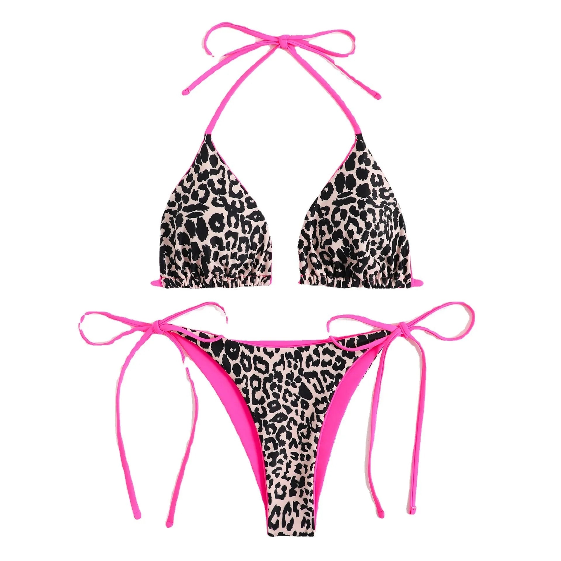 Women's lace-up front triangle bikini top and split bottoms in a choice of colours and patterns.