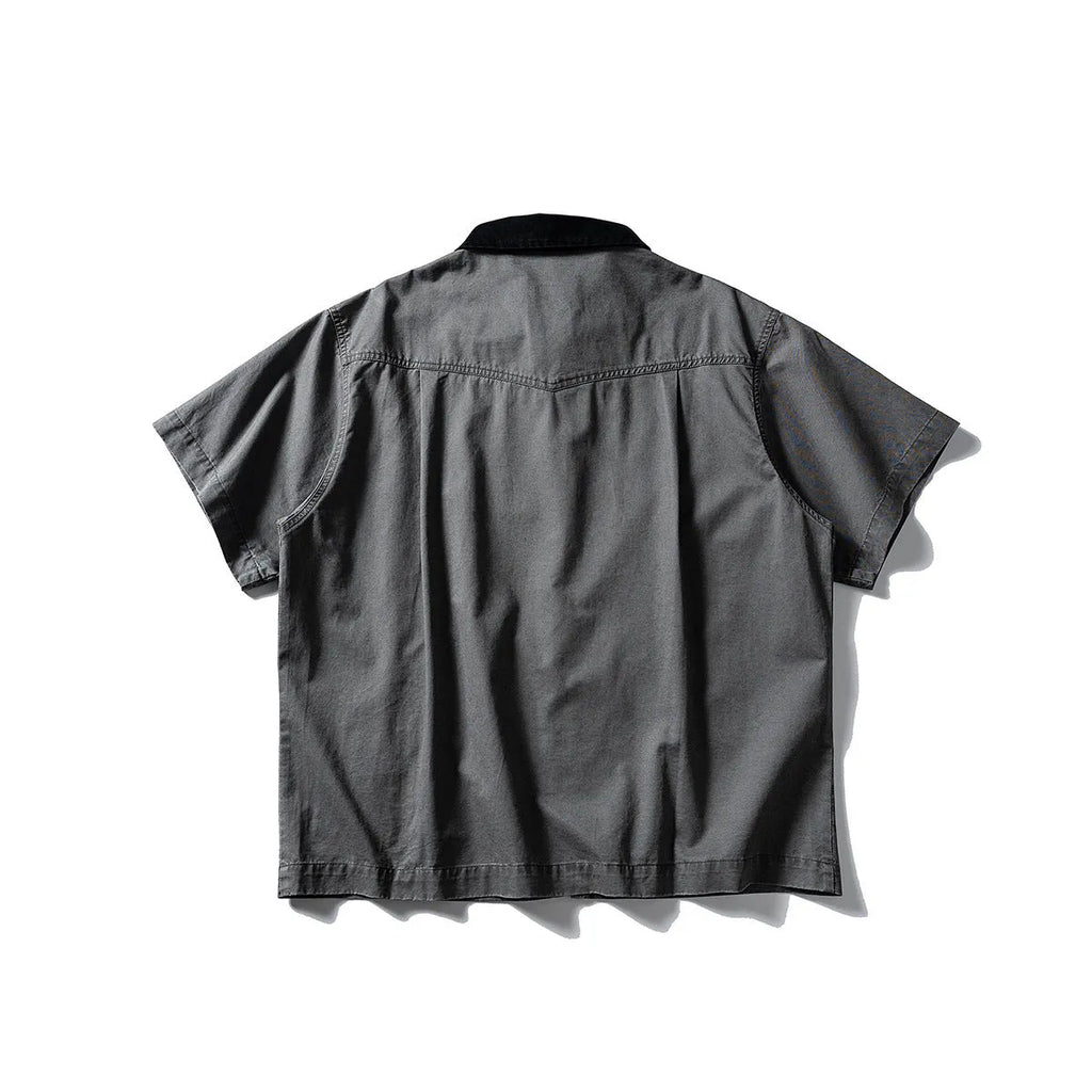 Khaki and grey cotton short sleeve overall shirt with loose fit cardigan styling for teenagers